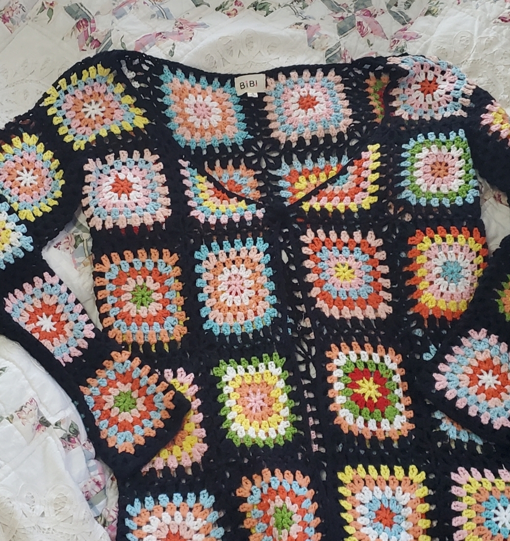 BiBi Black Crochet Granny Square Cardigan with Multicolor Accents